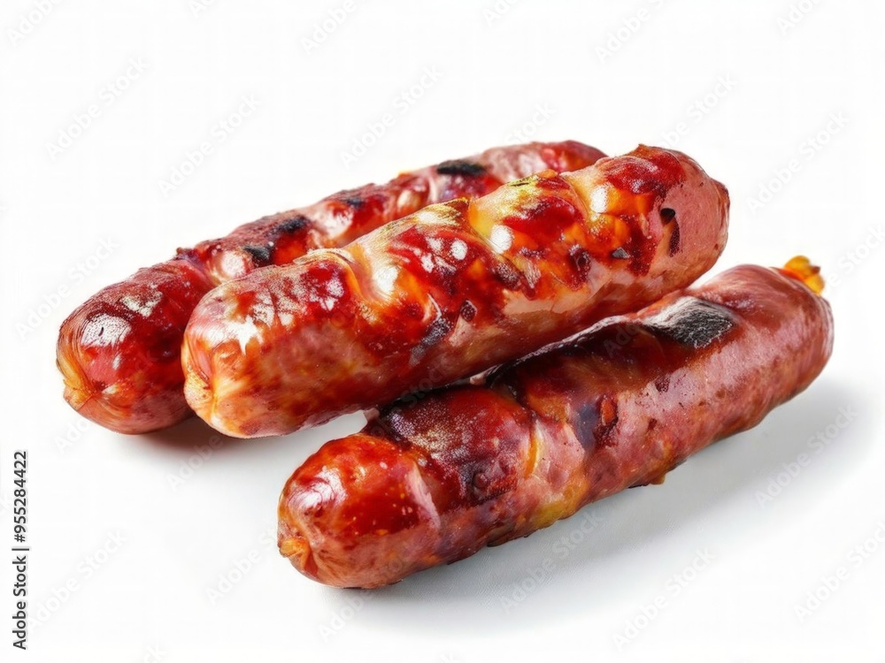 Cooked small Cumberland sausages wrapped in crispy bacon against a white background, AI-generated. Cooked small Cumberland sausages wrapped in crispy bacon against a white background, AI-generated.