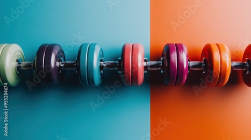 A row of dumbbells in various vibrant colors arranged linearly on a split teal and orange background, showcasing fitness equipment in a visually striking manner. photo