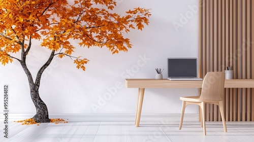 Modern workspace featuring a wooden desk, chair, and a vibrant orange tree, creating a serene and inspiring environment. photo