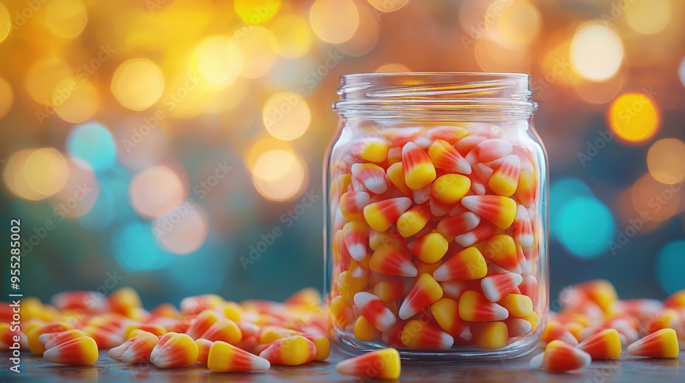 Naklejka premium Halloween Candy Corn in a Jar with Bokeh Background