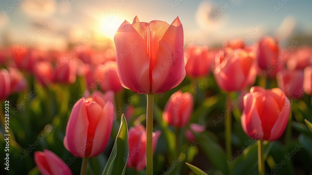 A serene field of vibrant pink tulips basking in the warm glow of the setting sun, creating a breathtaking scene of natural beauty and tranquility A serene field of vibrant pink tulips basking in the warm glow of the setting sun, creating a breathtaking scene of natural beauty and tranquility