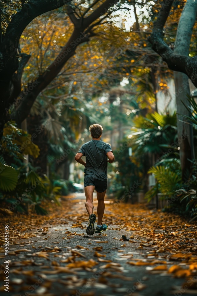 Obraz premium A person running on a leaf-covered pathway surrounded by lush green trees and plants, captured amidst an autumn setting with sun rays filtering through the foliage