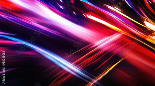 Fading USA Flag Against Multicolored Light Streaks Abstract Background