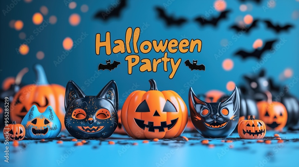 Naklejka premium Halloween Party Decorations with Cat and Pumpkin Faces