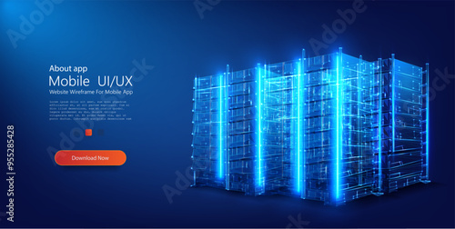 A glowing digital representation of a data center or server racks, depicted in a futuristic, transparent wireframe style with blue light effects.  Cyberspace banner. Vector illustration