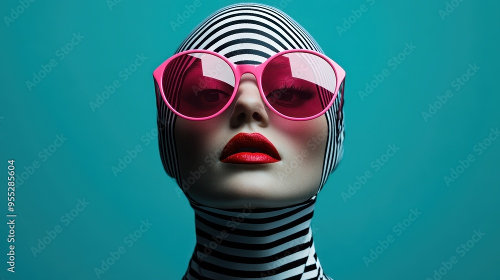 A conceptual and stylish representation of a black and white striped figure with pink accents set against a cyan background, conveying an avant-garde fashion style. A conceptual and stylish representation of a black and white striped figure with pink accents set against a cyan background, conveying an avant-garde fashion style.