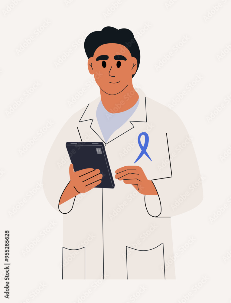 Prostate Cancer Awareness Ribbon. Doctor with male health symbol. Vector flat illustration Prostate Cancer Awareness Ribbon. Doctor with male health symbol. Vector flat illustration