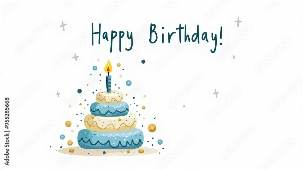 Illustrated Happy Birthday Cake with Candle and Confetti Illustrated Happy Birthday Cake with Candle and Confetti