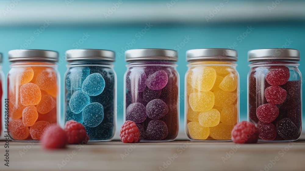 Five glass jars filled with fruity, colorful gummy candies, neatly arranged on a wooden table, capturing a playful and vibrant atmosphere perfect for a sweet treat themed setup. Five glass jars filled with fruity, colorful gummy candies, neatly arranged on a wooden table, capturing a playful and vibrant atmosphere perfect for a sweet treat themed setup.