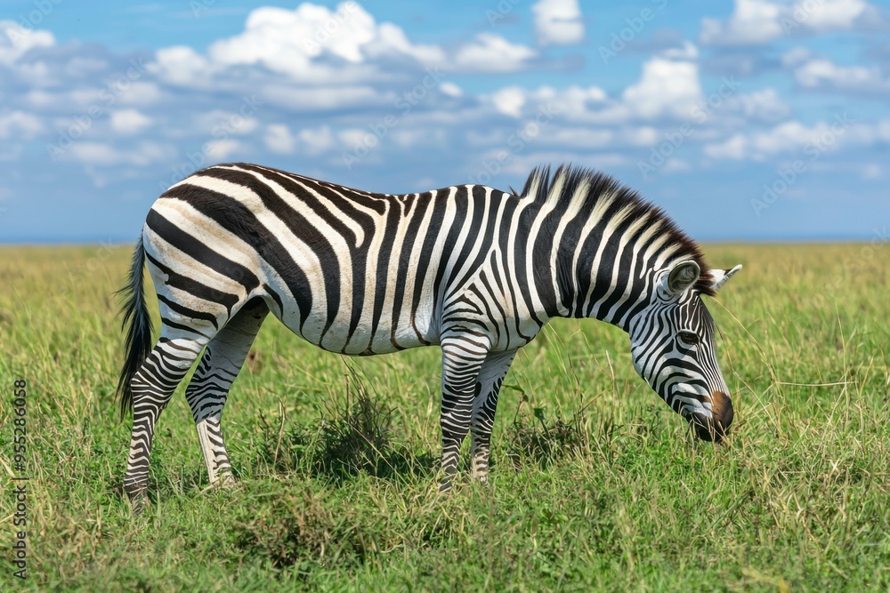 Naklejka premium Zebra Grazes in a Field with Blue Sky and Clouds