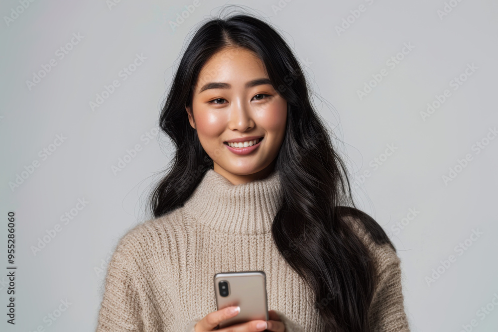 Smiling woman wearing beige sweater and holding a phone Smiling woman wearing beige sweater and holding a phone