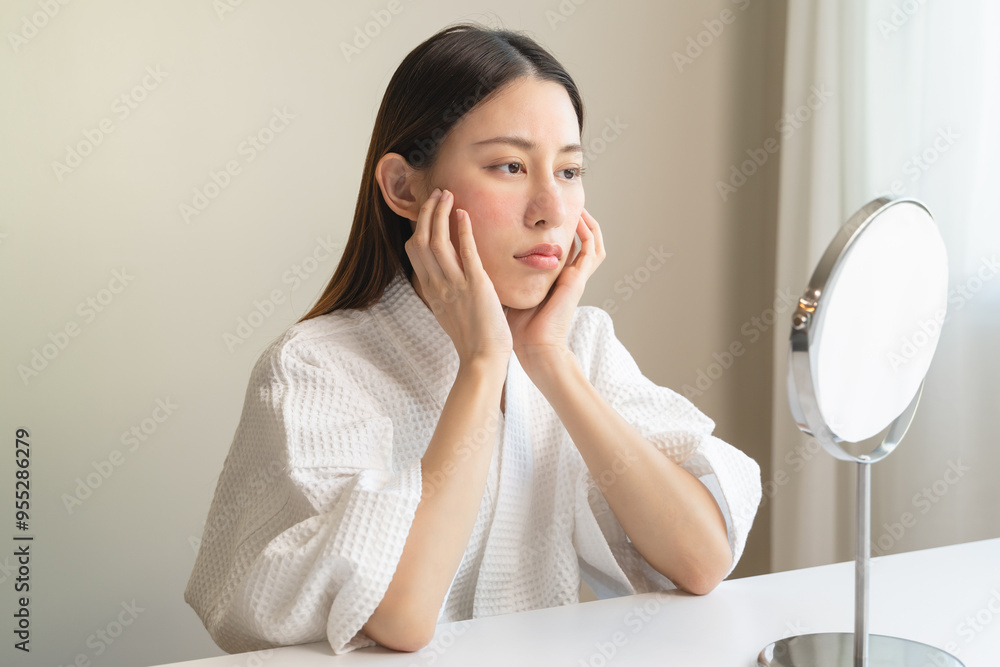 Dermatology, puberty asian young woman, girl looking into mirror, allergy presenting an allergic reaction from cosmetic, red spot or rash on face. Beauty care from skin problem by medical treatment Dermatology, puberty asian young woman, girl looking into mirror, allergy presenting an allergic reaction from cosmetic, red spot or rash on face. Beauty care from skin problem by medical treatment
