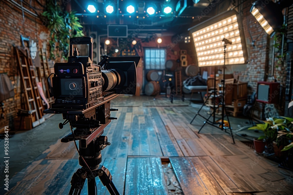 Naklejka premium Inside a creatively designed film studio with professional camera and equipment setup, showcasing lighting, scenery, and vibrant decor elements