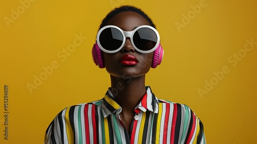 An individual is wearing a colorful striped shirt paired with bright pink headphones, set against a simple yellow background, projecting a contemporary and fun style.