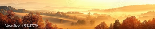 Idyllic Autumn Morning Landscape with Sunlight and Mist