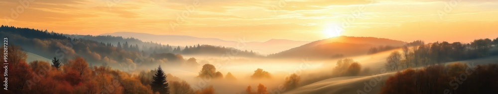 Serene Autumn Morning Landscape with Rising Sun Serene Autumn Morning Landscape with Rising Sun