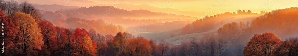 Obraz premium Golden Sunrise Through Autumn Mist Over Rolling Hills