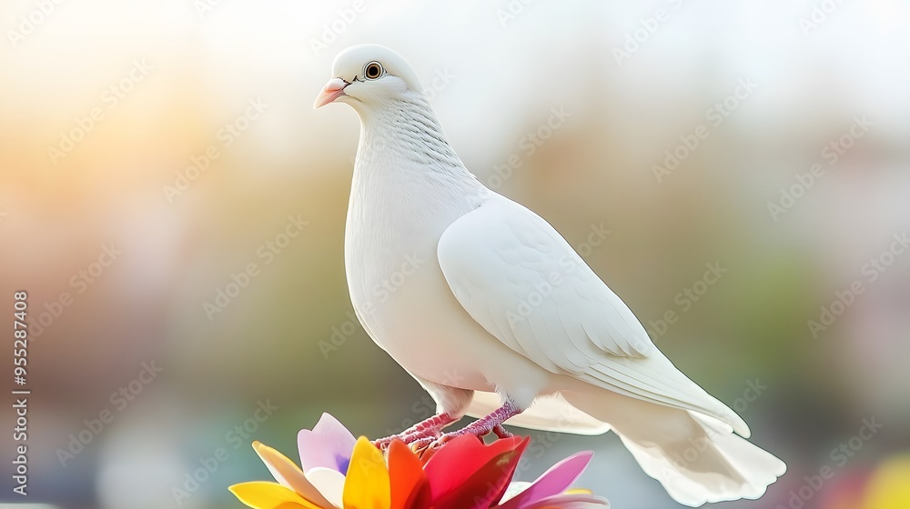 A white dove perched on a flower, surrounded by a colorful garden. Copy space. A white dove perched on a flower, surrounded by a colorful garden. Copy space.