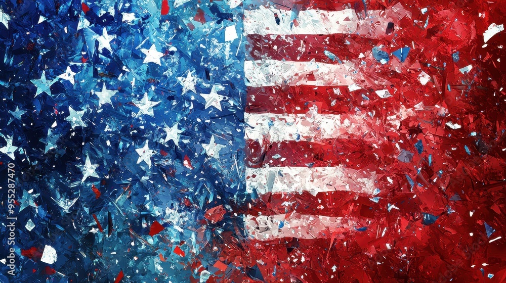 Naklejka premium Patriotic Celebration with USA Flag and Confetti Burst Background