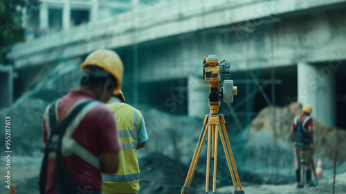 Engenheiros civis estão fazendo medições com ferramentas de topografia durante a construção. photo