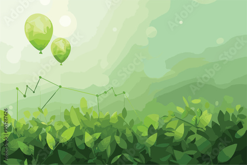 Soaring Green Graph and Balloon Symbolizing Market Growth, Economic Prosperity, and High-Performance Profits in Business