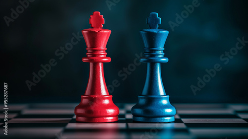 Two chess kings, one red and one blue, facing each other on a chessboard, symbolizing political strategy, rivalry, and competition in governance and elections.