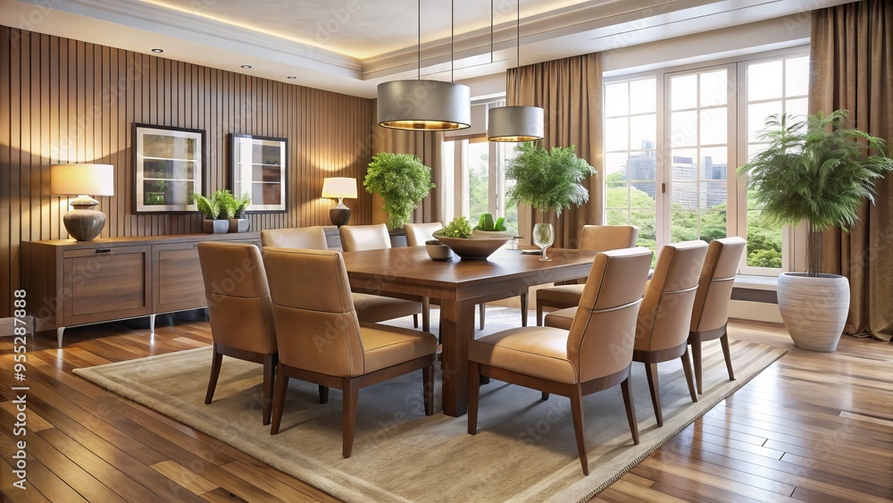 Sleek leather furniture in neutral tones defines a sophisticated dining space, exuding warmth and invitation. Sleek leather furniture in neutral tones defines a sophisticated dining space, exuding warmth and invitation.