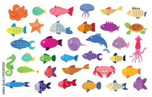 Cute fish set. Colorful different fishes, starfish, funny octopus and squid. underwater tropical characters, childish tropical aquatic creatures. Vector cartoon flat style isolated illustration