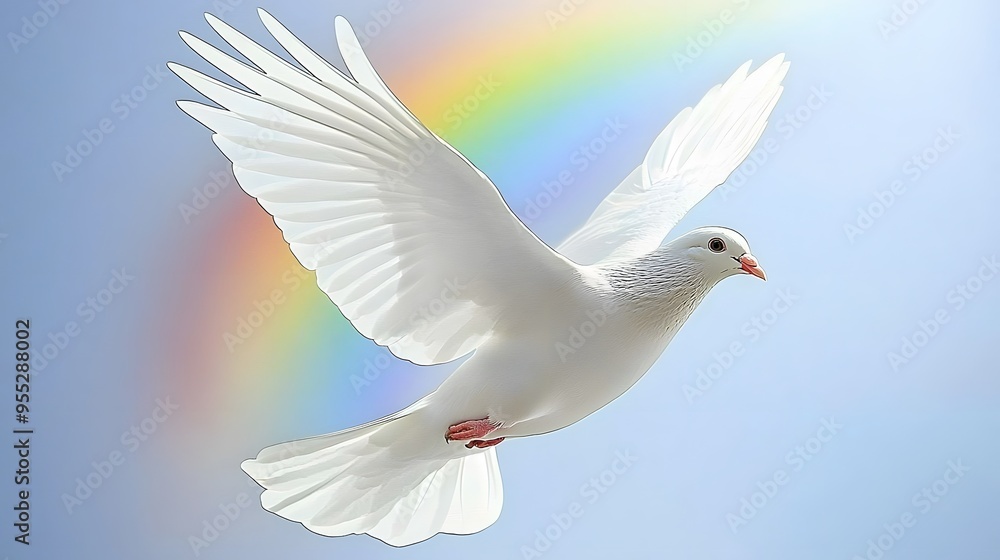 A white dove with a rainbow in the background, symbolizing hope and new beginnings. Copy space. A white dove with a rainbow in the background, symbolizing hope and new beginnings. Copy space.