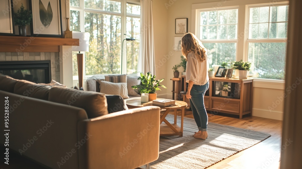 Sunlit living room with a woman arranging a potted plant in a cozy home setting during the afternoon Sunlit living room with a woman arranging a potted plant in a cozy home setting during the afternoon