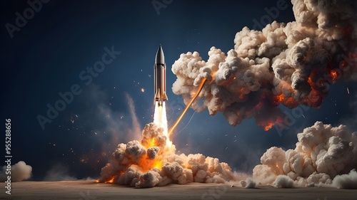 Missile rocket launch with a trail of smoke and fire that is cut off photo