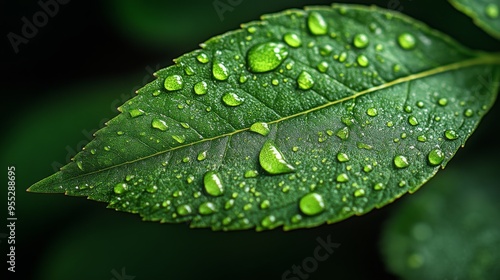 A single water drop falls on a bright green leaf. The water drop reflects the surrounding nature, focusing on the texture of the leaf and the clarity of the water drop. Environment and nature