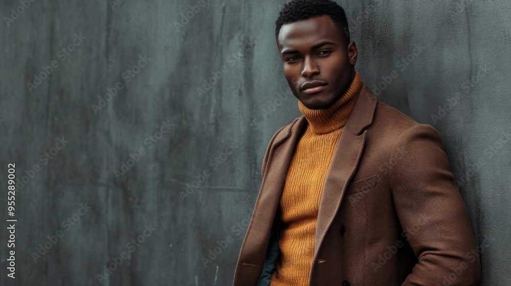 Stylish young man in brown outfit posing against a gray wall Stylish young man in brown outfit posing against a gray wall