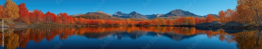Autumn Lake with Vibrant Red Trees and Mountain Reflections Autumn Lake with Vibrant Red Trees and Mountain Reflections