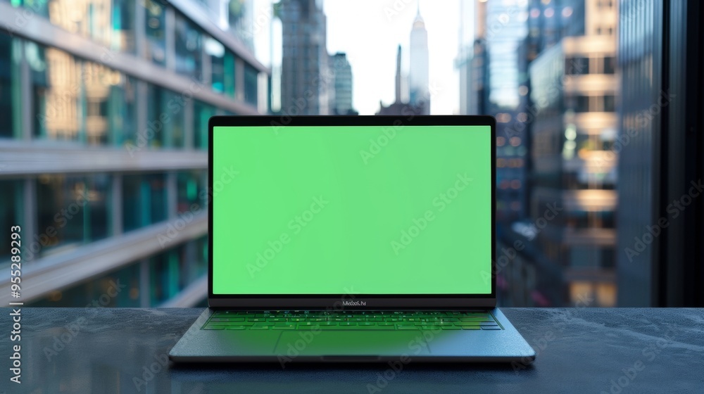 laptop with green screen with buildings background. mockup concept laptop with green screen with buildings background. mockup concept