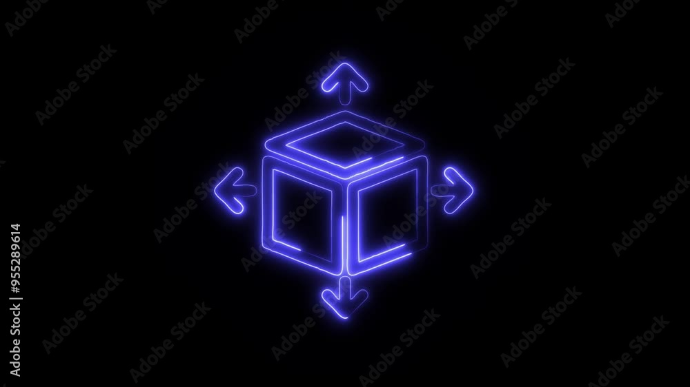 Neon 3D Object Icon - Glowing Cube with Directional Arrows in Futuristic Motion Graphics Neon 3D Object Icon - Glowing Cube with Directional Arrows in Futuristic Motion Graphics