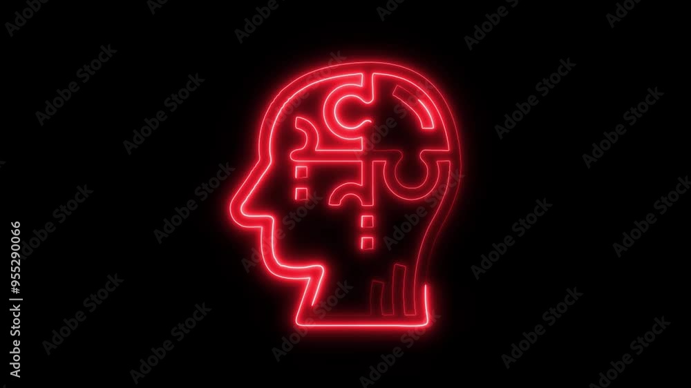 Neon Puzzle Brain Icon - Glowing Human Head with Puzzle Pieces in Futuristic Motion Graphics Neon Puzzle Brain Icon - Glowing Human Head with Puzzle Pieces in Futuristic Motion Graphics
