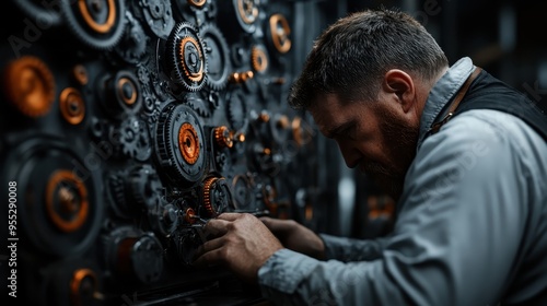 A dedicated technician deeply engrossed in repairing and maintaining complex machinery gears, highlighting the industrial setting and the meticulous workmanship involved. photo