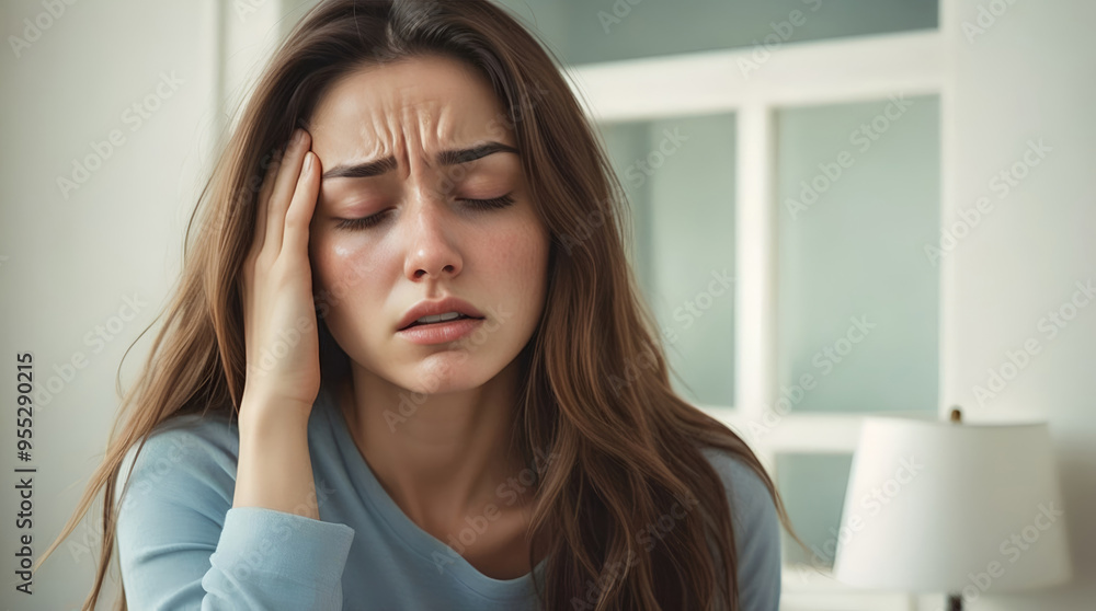 Woman suffering from stress, migraine or a headache grimacing in pain Woman suffering from stress, migraine or a headache grimacing in pain