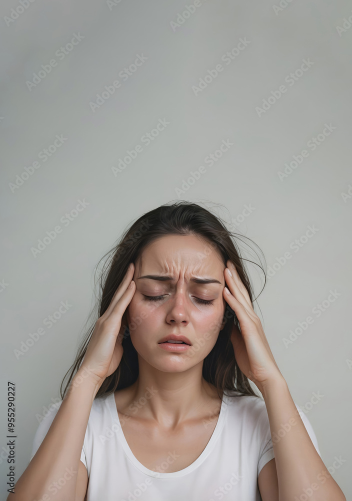 Woman suffering from stress, migraine or a headache grimacing in pain Woman suffering from stress, migraine or a headache grimacing in pain