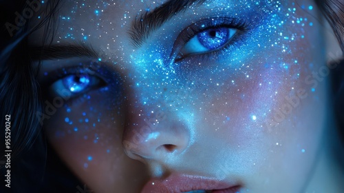 enchanting closeup of womans face adorned with bioluminescent crystals otherworldly glow ethereal beauty cosmicinspired makeup deep space background with nebulae photo