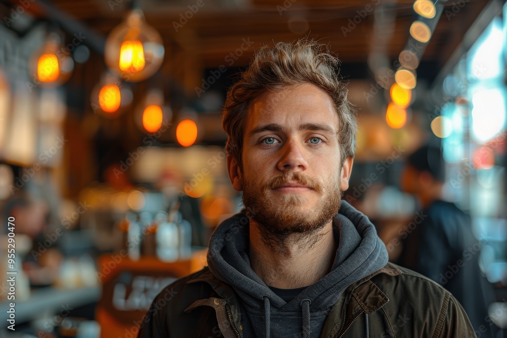 A young man with a beard and blue eyes, wearing a hooded sweatshirt and jacket, stands inside a warmly lit coffee shop with bokeh background lights A young man with a beard and blue eyes, wearing a hooded sweatshirt and jacket, stands inside a warmly lit coffee shop with bokeh background lights