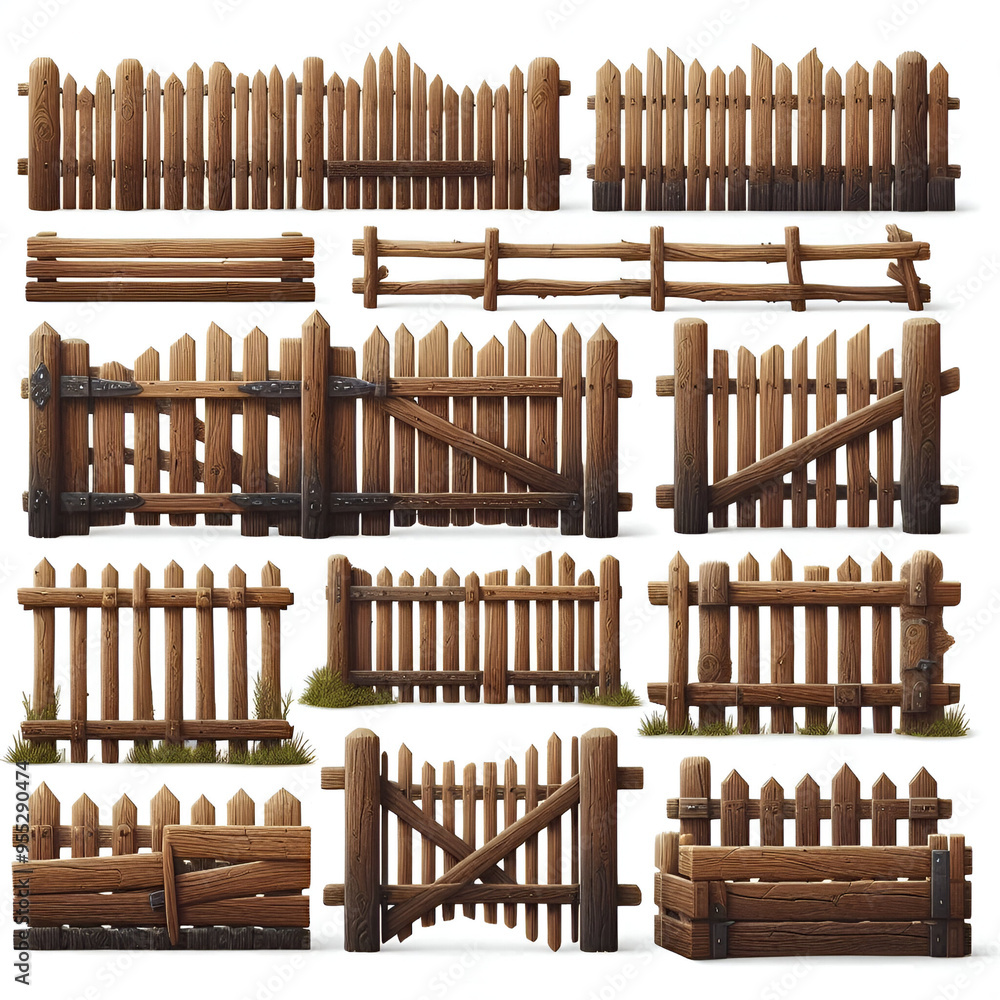 Set of rustic wooden fences isolated on white backgroun Set of rustic wooden fences isolated on white backgroun
