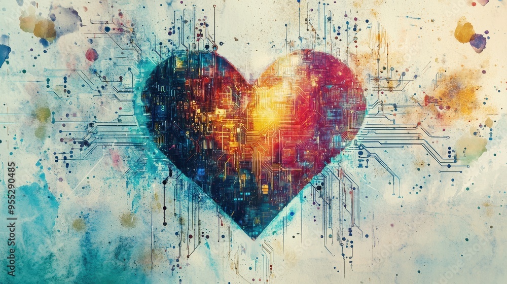 Techno-Heart Fusion: Watercolor Art with Digital Circuitry Symbolizing AI and Creativity Techno-Heart Fusion: Watercolor Art with Digital Circuitry Symbolizing AI and Creativity