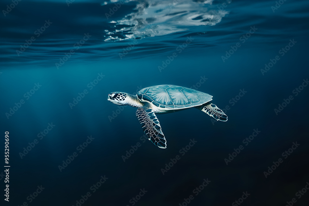 Fototapeta premium A single, small sea turtle swimming in a calm ocean.
