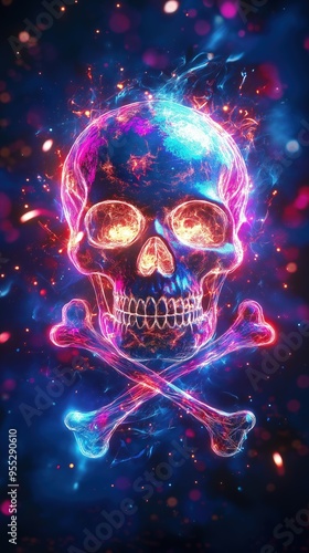 Electric Neon Skull with Crossbones for Halloween
