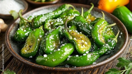 A plate of pimientos de padron, blistered green peppers sprinkled with sea salt, served on a rustic dish photo