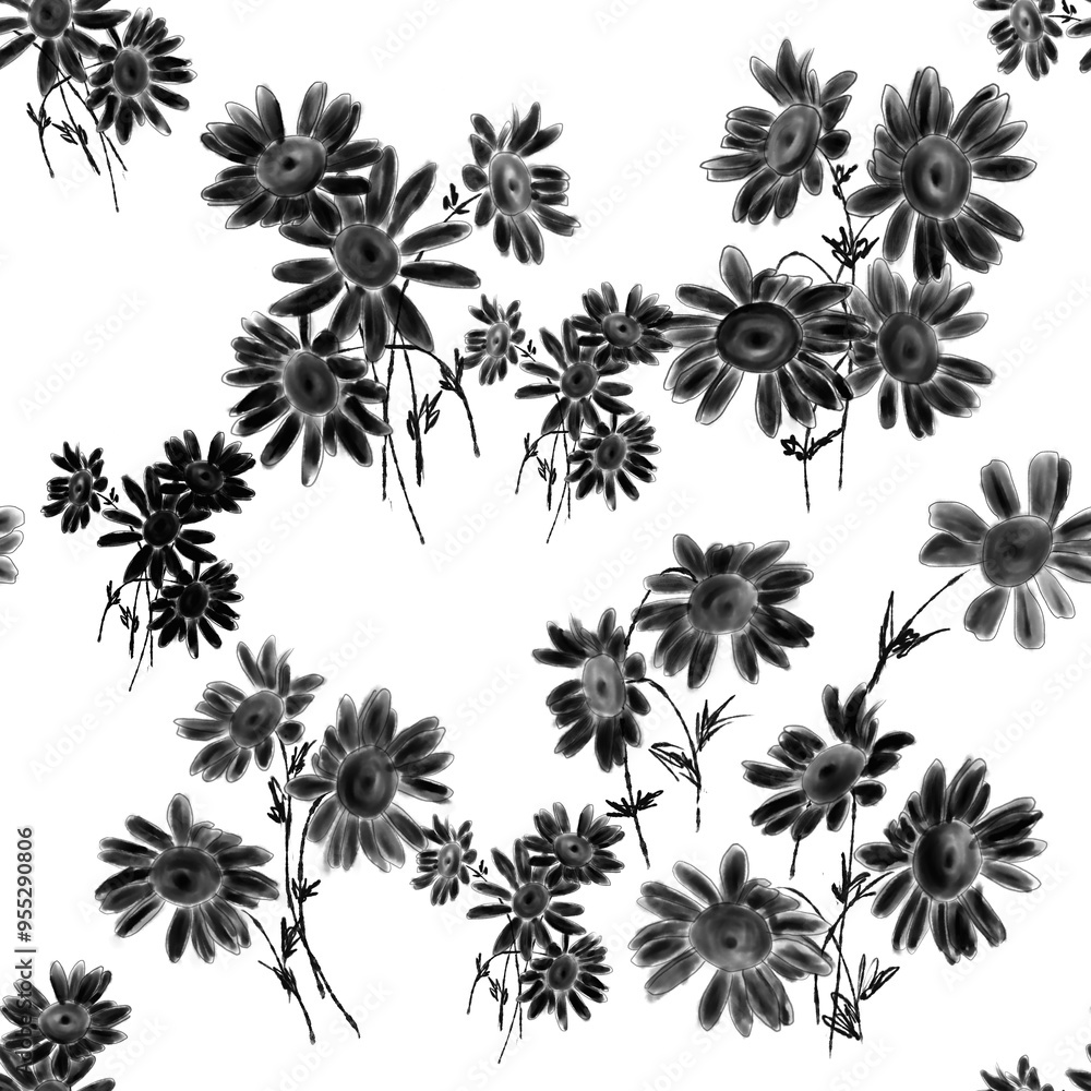 Seamless pattern created from a digital painting of black daisies imitating watercolor, on a transparent background Seamless pattern created from a digital painting of black daisies imitating watercolor, on a transparent background
