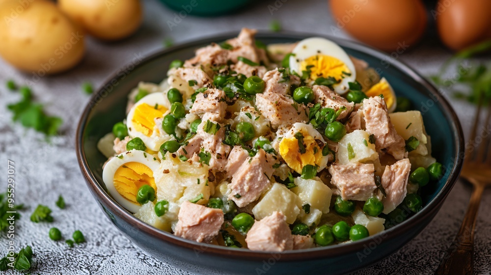 A refreshing ensaladilla rusa (Russian salad) with potatoes, peas, and tuna, garnished with boiled eggs and olives A refreshing ensaladilla rusa (Russian salad) with potatoes, peas, and tuna, garnished with boiled eggs and olives