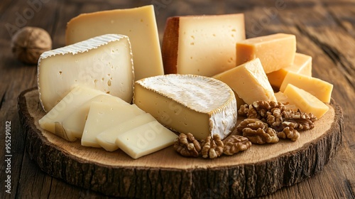 A platter of Spanish cheeses including manchego, idiazabal, and tetilla, served with quince paste and nuts on a wooden board photo